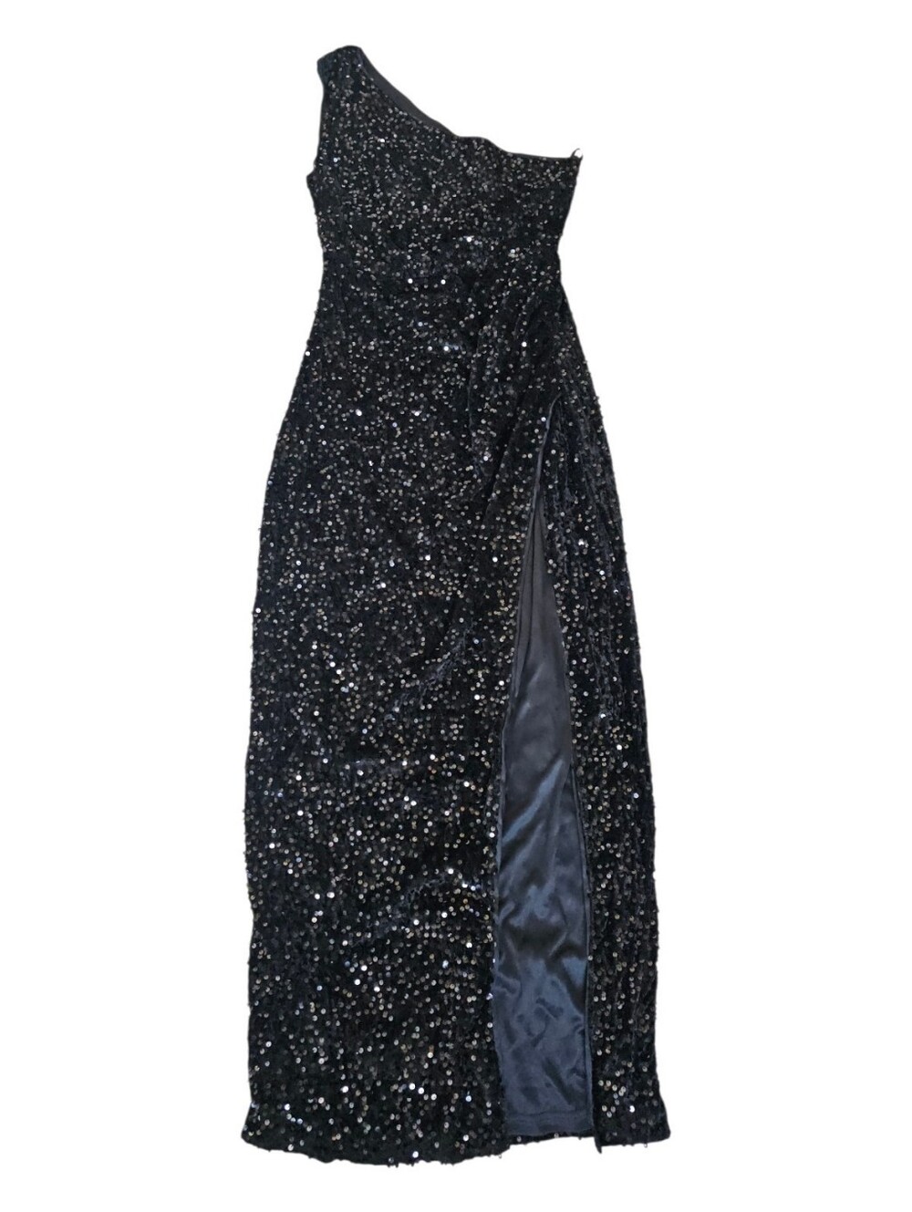 Black Sequin One Shoulder Maxi Dress High Slit Evening Gown Formal XL